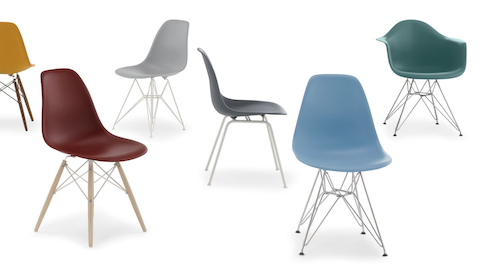 Group of Eames Molded Plastic Shell Chairs included deep yellow on dowels, brick red on dowels, light grey shell on wire, medium grey shell on 4 legs, pale blue on wire base, and evergreen molded armchair on wire base.