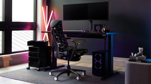 An Embody gaming chair with Motia gaming desk.