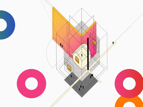 Bright, futuristic graphic with yellow, blue, pink open circles and an illustration representing work place on a light background. Bright, futuristic graphic with yellow, blue, pink open circles and an illustration representing work place on a light background.
