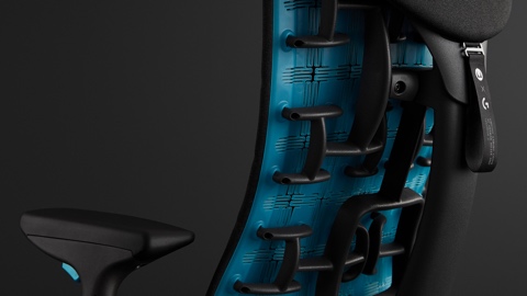 Dark grey Embody Gaming Chair with cyan fixtures and embossed Logitech G logo shown angled on a black background. Dark grey Embody Gaming Chair with cyan fixtures and embossed Logitech G logo shown angled on a black background.