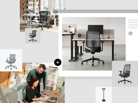 A collage of images featuring office chairs, sit-to-stand desks, and people collaborating in office environments. A collage of images featuring office chairs, sit-to-stand desks, and people collaborating in office environments.