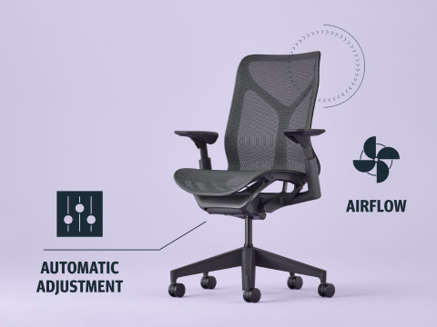 A Cosm Chair with two icons on the side indicating airflow and automatic adjustment features. A Cosm Chair with two icons on the side indicating airflow and automatic adjustment features.