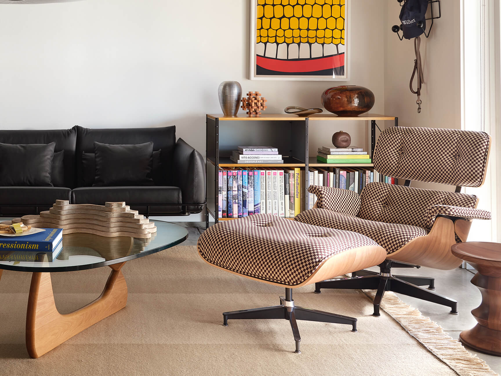 Gather up with modern classics—including Noguchi Table and Eames Lounge Chair and Ottoman.