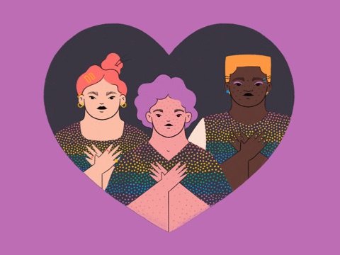 A colorful illustration for Pride, with three people inside of a heart shape, holding their hands crossed over their chests. A colorful illustration for Pride, with three people inside of a heart shape, holding their hands crossed over their chests.