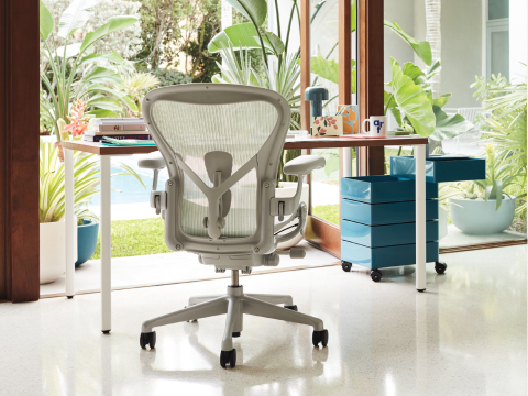 A bright home office with a large table and an Aeron Chair facing a glass wall with tropical plants outside. A bright home office with a large table and an Aeron Chair facing a glass wall with tropical plants outside.
